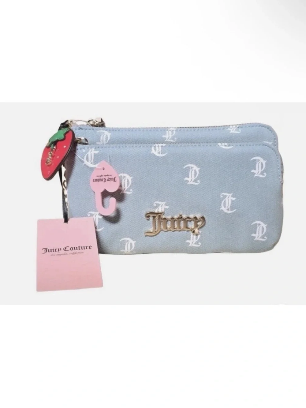 Juicy Couture Light Blue Denim Monogram Double Zip Wristlet with Charms NWT